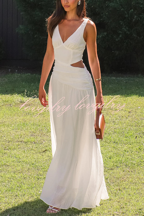 Solid Color V-neck Waist Hollow Slim Maxi Dress