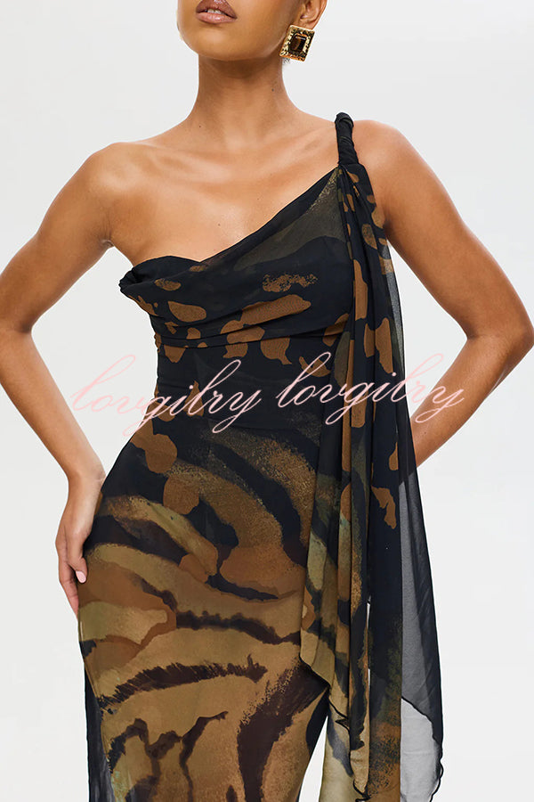 Unique Print Sexy One Shoulder Slim High Slit Maxi Dress