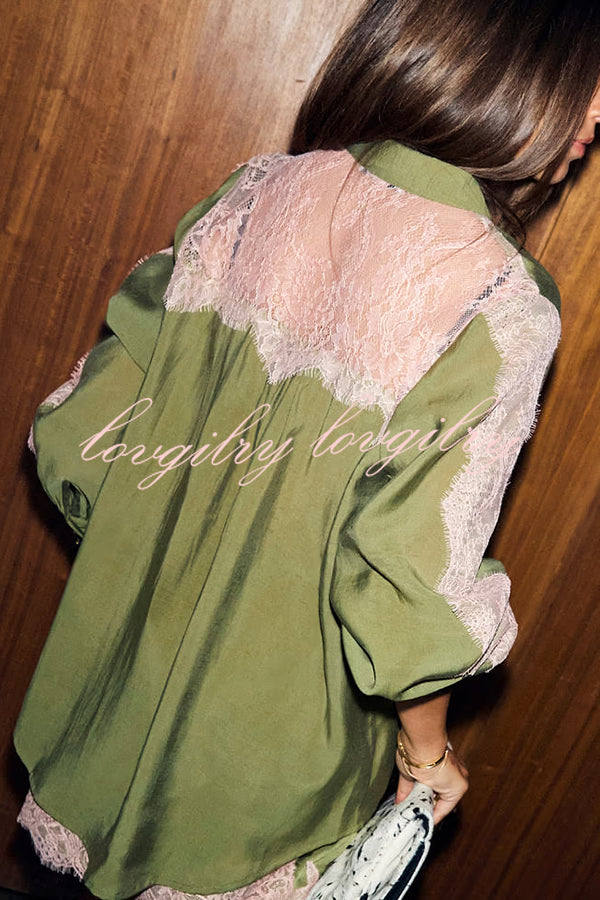 Eye-catching Work Contrast Color Lace Trim Button Up Long Sleeve Loose Blouse
