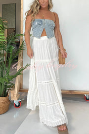 Fashion Lace Splicing Elastic Waist Loose High Slit Maxi Skirt