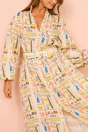 Country Cutie Unique Print Long Sleeve Belted Pocket Shirt Maxi Dress