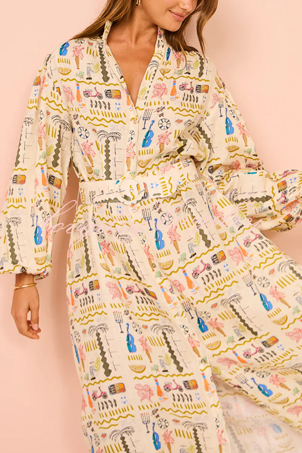 Country Cutie Unique Print Long Sleeve Belted Pocket Shirt Maxi Dress