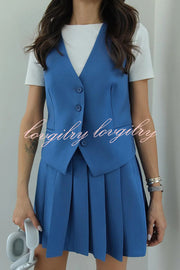 Solid Color Sleeveless Buttoned Vest and High-waisted Pleated Mini Skirt Set