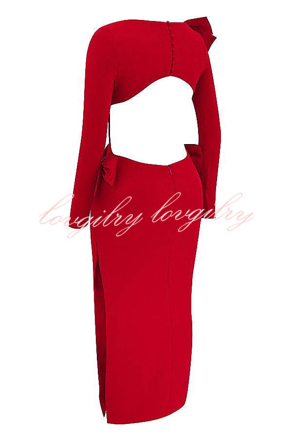 Lovely Bow Cutout Button Back Zipper Long Sleeve Maxi Dress