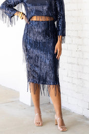 Insight Blueberry Sequin Fringe High Rise Elastic Waistband Midi Skirt