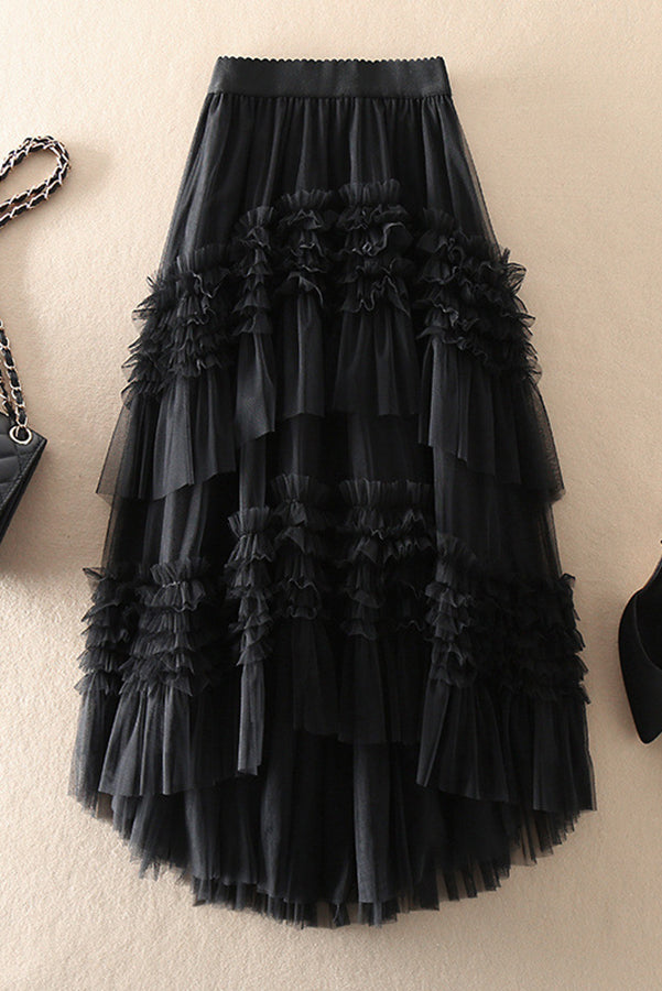 Elegant Mood Tulle Pleated Ruffle Elastic Waist Tiered Midi Skirt