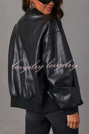 Solid Color Long Sleeve Loose Pocket Leather Jacket