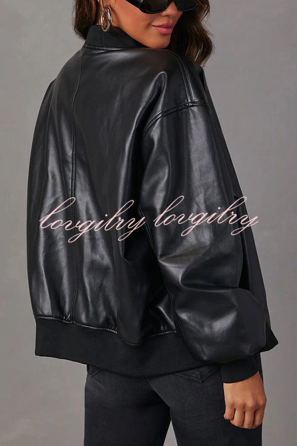 Solid Color Long Sleeve Loose Pocket Leather Jacket