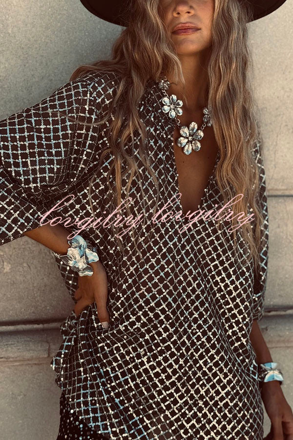 All about Glam Collar Sequin V-neck Half Sleeve Loose Top