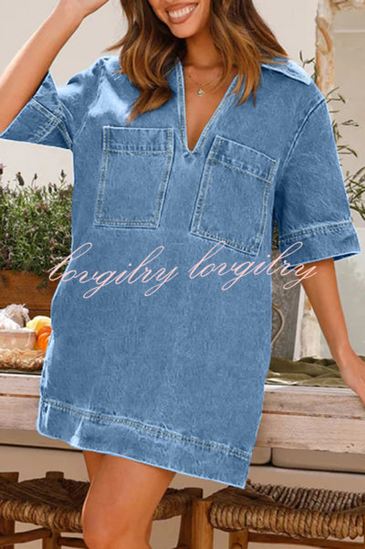 Tara V Neck Pocket Half Sleeve Denim Mini Dress