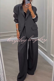 Fashion Sports Style Ribbed Colorblock Lapel Blazer and Elastic Waist Pocket Loose Pants Set