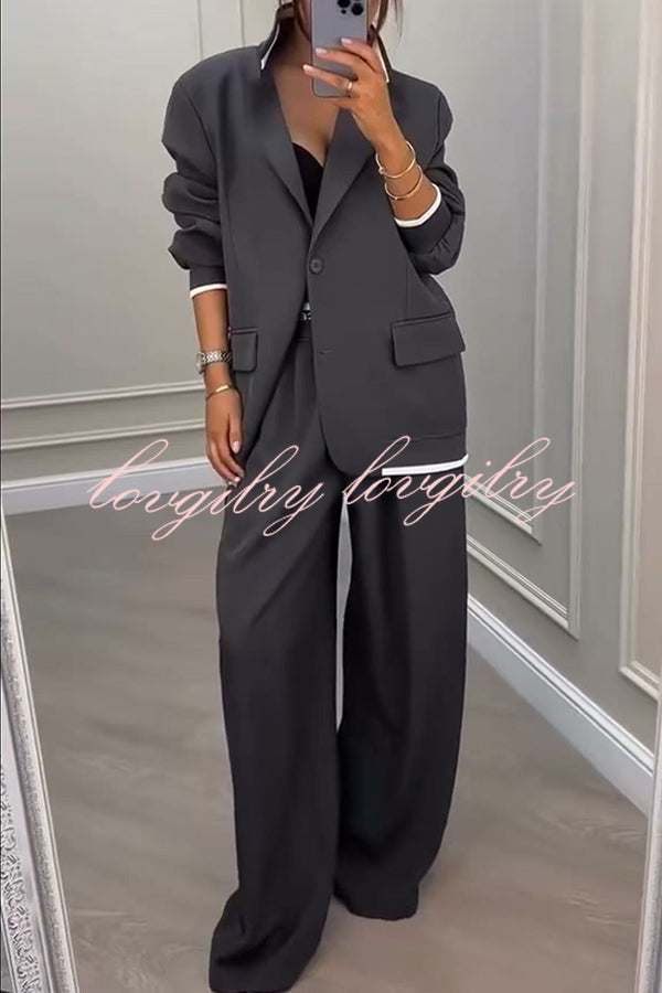 Fashion Sports Style Ribbed Colorblock Lapel Blazer and Elastic Waist Pocket Loose Pants Set