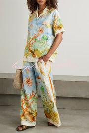 Unique Printed Lapel Short Sleeve Loose Shirt and Elastic Waist Casual Pocket Vacation Pants Set