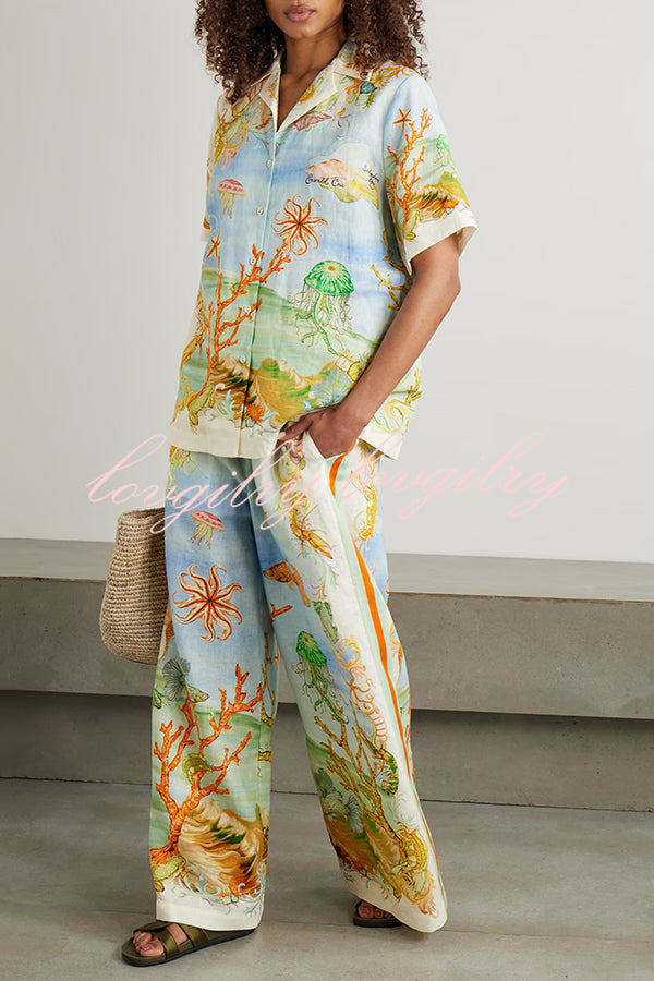 Unique Printed Lapel Short Sleeve Loose Shirt and Elastic Waist Casual Pocket Vacation Pants Set