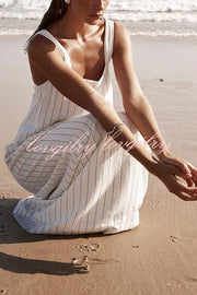 Simple and Stunning Linen Blend Pinstripe Detail Square Neck A-line Maxi Dress