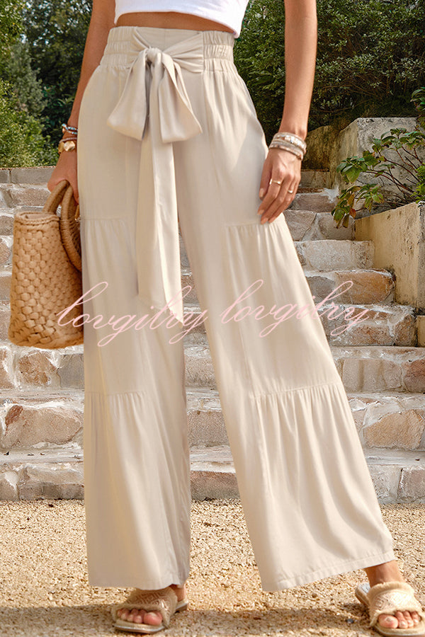 Rustic Patchwork Lace Up Pleated Wide Leg Pants