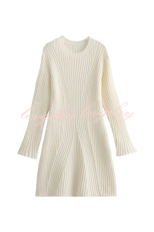 Beautiful Basic Ribbed Knit Long Slit Sleeve Flare Stretch Dress