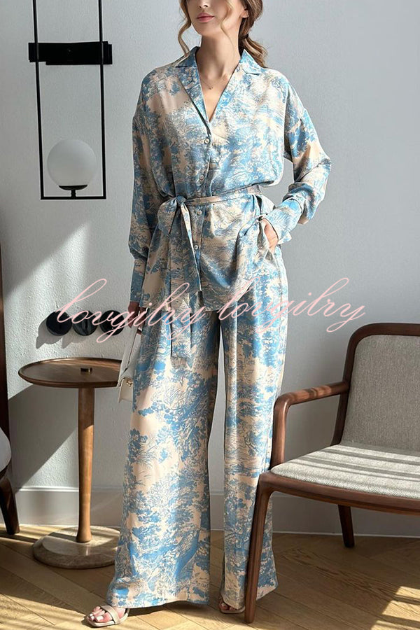 Unique Print Long-sleeved Tie Shirt and Elastic High-waist Wide-leg Pants Set