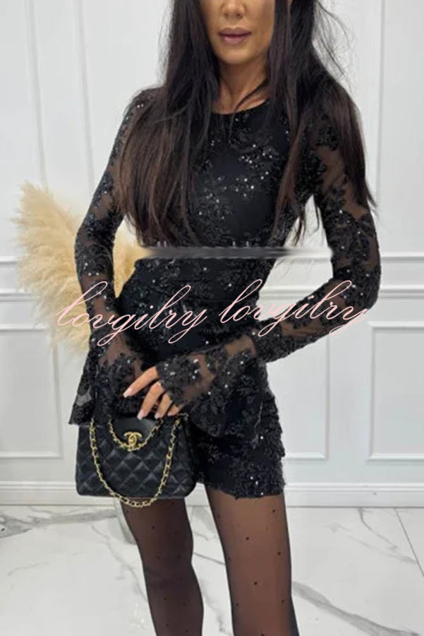 Deep and Dazzling Floral Texture Sequin Long Bell Sleeve Open Back Mini Dress