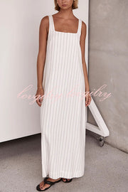 Simple and Stunning Linen Blend Pinstripe Detail Square Neck A-line Maxi Dress