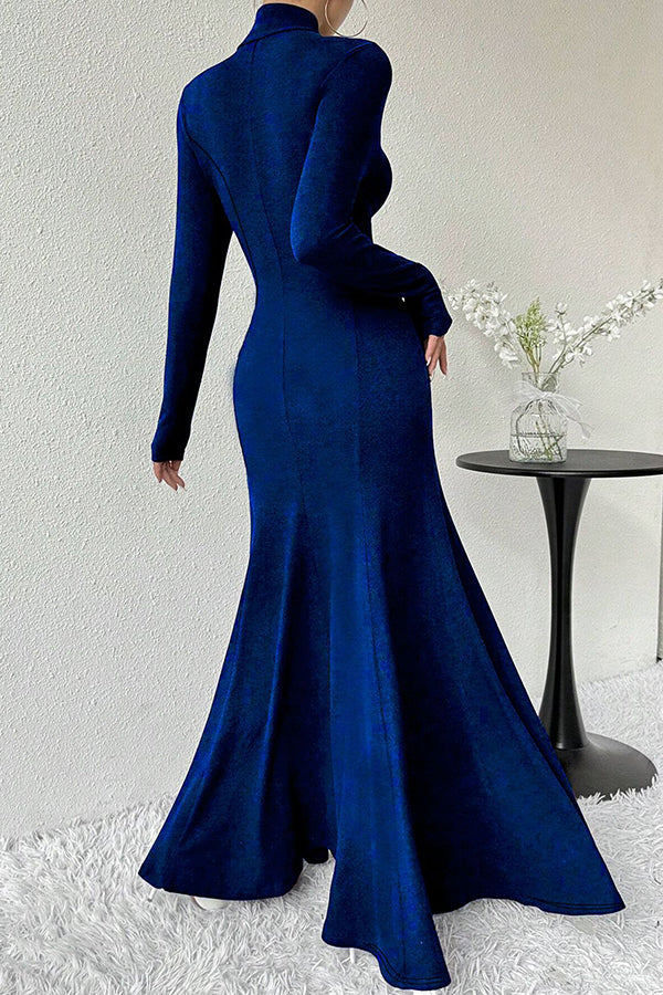 Solid Color High-neck Long-sleeved Slim-fit Fishtail Elegant Maxi Dress