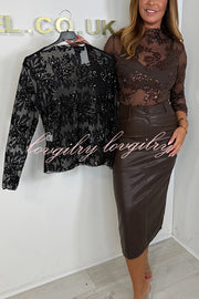 Chelsea Sheer Flower Sequin Detail Mock Neck Long Sleeve Stretch Top