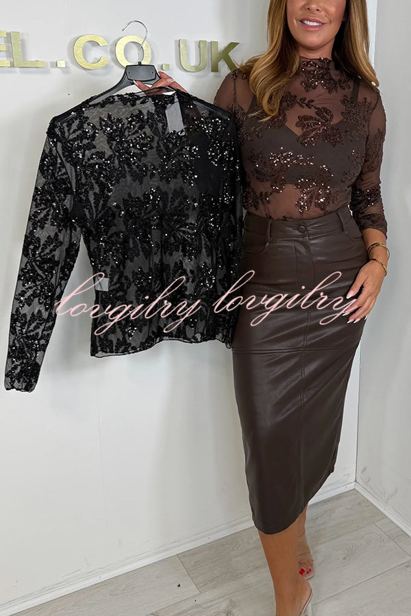 Chelsea Sheer Flower Sequin Detail Mock Neck Long Sleeve Stretch Top
