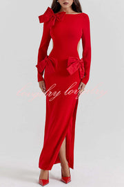 Lovely Bow Cutout Button Back Zipper Long Sleeve Maxi Dress