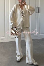 Solid Color V-neck Tie Long-sleeved Loose Knit Cardigan and Elastic Waist Casual Straight Leg Pants Set