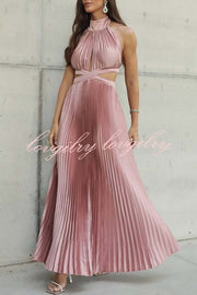 Stunning Choice Satin Pleated Halter High Neck Cutout Waist Backless Maxi Dress