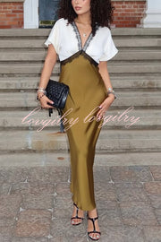 Fashionable Contrast Color V-neck Lace Stitching Maxi Dress