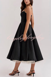 Fairytale Vibe Satin Patchwork Tulle Sweetheart Neck Pocket Stretch Midi Dress