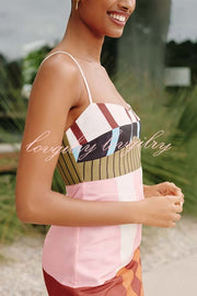 Susane Linen Blend Color Block Print Adjustable Shoulder Strap Mini Dress