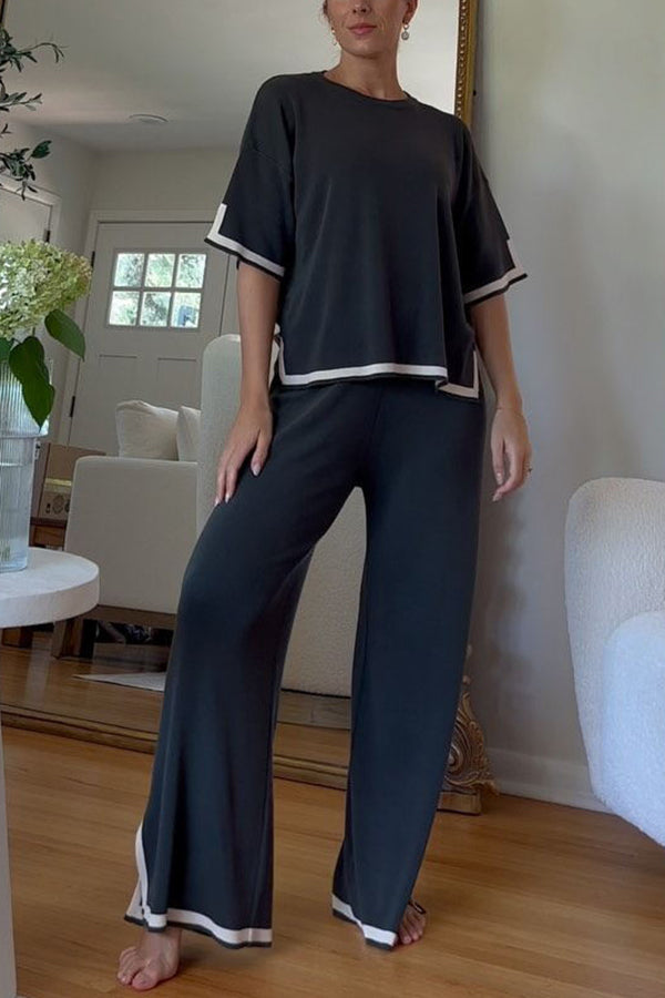 Lounge or Casual Wear Knit Patchwork Color Block Short Sleeve Top and Elastic Wide Leg Pants