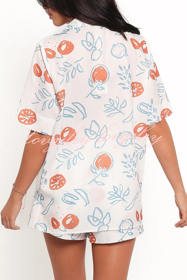Graffiti Fruit Print Lapel Tie Short Sleeve Top and Elastic Waist Loose Pocket Shorts Set