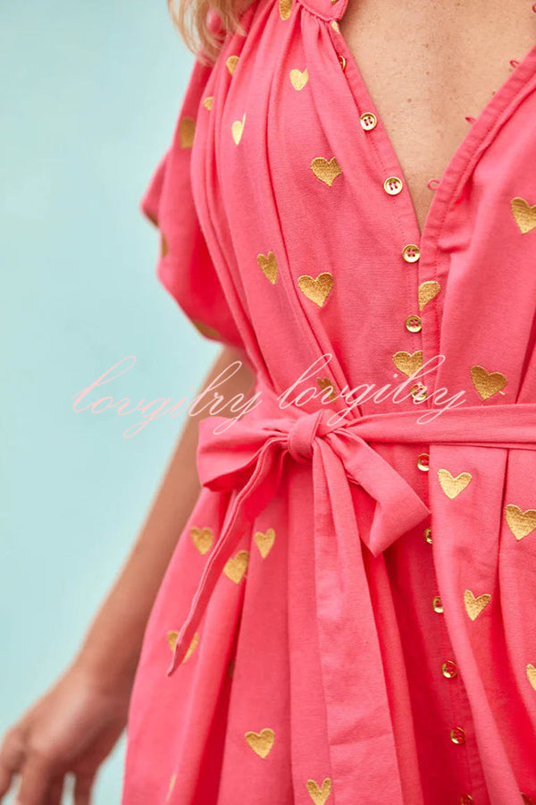 Valentine's Day Gold Heart Print Puff Sleeve Button Pocketed Loose Maxi Dress