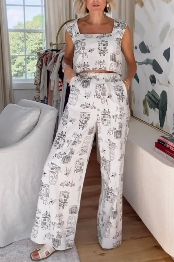Maeve Linen Blend Unique Print Square Neck Tank and Elastic Waist Pocket Loose Pants Set