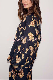 Golden Night Unique Print Color-block Trim Loose Shirt and Elastic Waist Pocketed Pajama Set