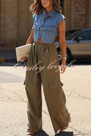 Stylish Weekend Denim Button Up Cape Sleeve Pocket Crop Top