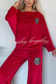 Solid Color Velvet Round Neck Bat Sleeve Casual Top and Elastic Waist Loose Pocket Pants Set