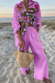 Plant Snake Print Oversized Shirt and Elastic Waist Pocket Pants Set