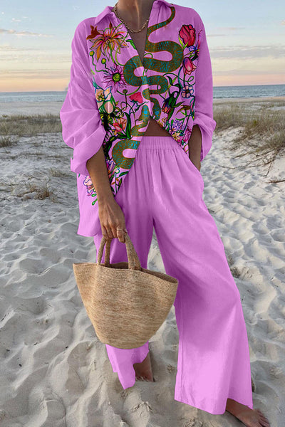 Plant Snake Print Oversized Shirt and Elastic Waist Pocket Pants Set