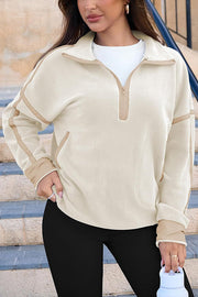 Stylish Color-blocked Trim Loose Casual Pocket Sweatshirt