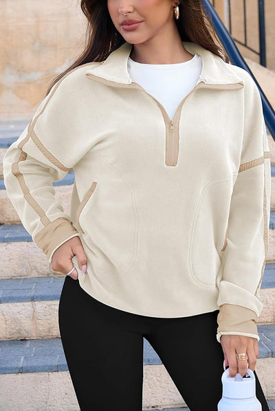 Stylish Color-blocked Trim Loose Casual Pocket Sweatshirt