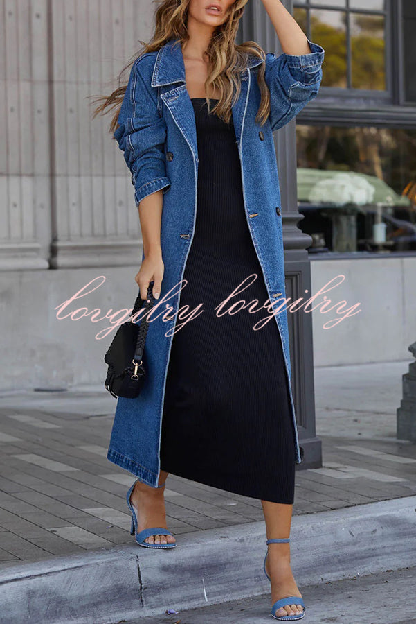 Solid Color Denim Double Pocket Button Down Midi Trench Coat