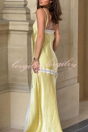 Sweet Trend Satin Lace Trim V-neck Slit Slip Maxi Dress