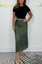 It's Your Night Solid Satin Lace Hem Midi Skirt