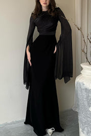 Liora Ruched Organza and Satin Patchwork Design Long Bell Slit Sleeve Maxi Dress