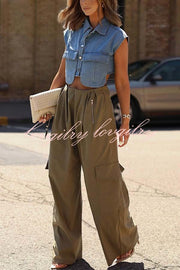 Great Week Pleated Elastic Waist Zipper Pocket Wide Leg Cargo Pants