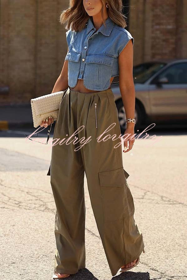 Great Week Pleated Elastic Waist Zipper Pocket Wide Leg Cargo Pants